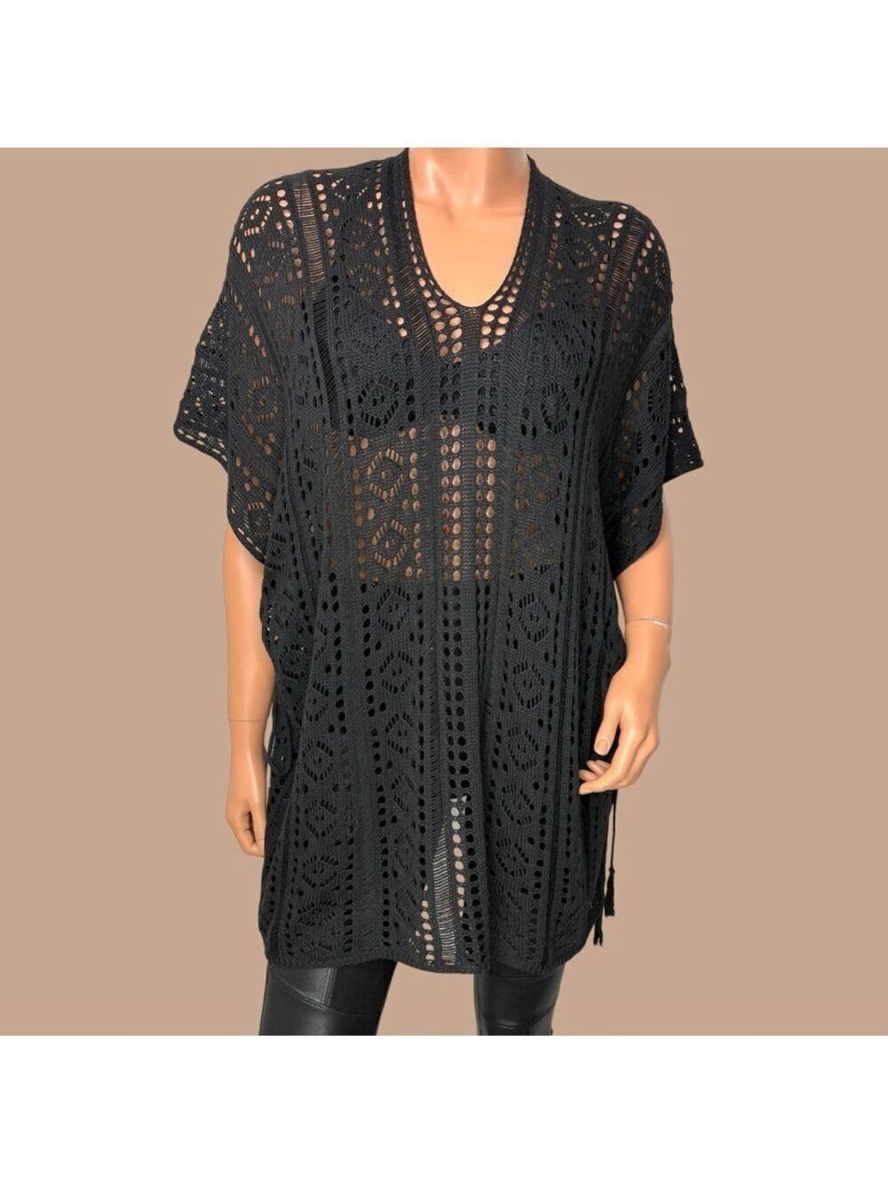 Black Sheer Lace Open Knit Tunic M/ L Side Cinch Y2K WimsiGoth Weightless drama